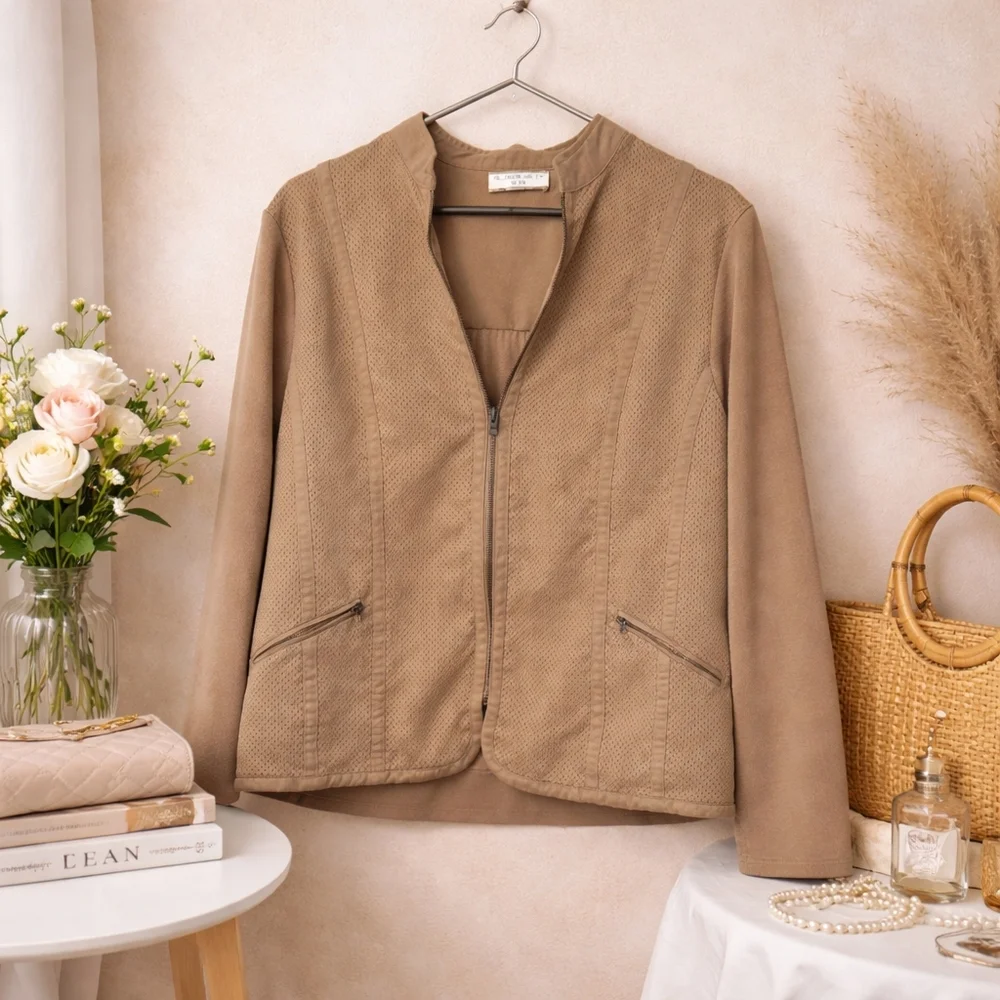 Allison Daley Petite Tan Faux Suede Zip Jacket Perforated Lightweight - Picture 1 of 10